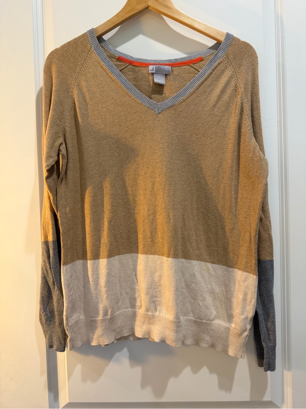 JCP Cashmere Blend Colorblock V-Neck Sweater XL Tan Gray Cream